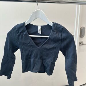 Navy Blue Cropped V-Neck Top